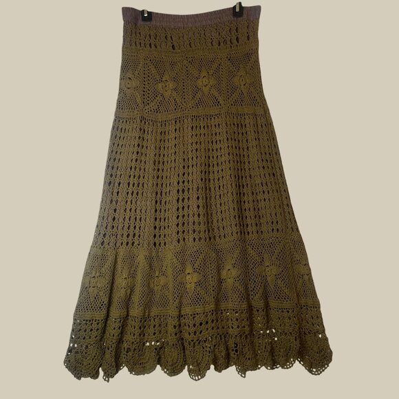 Boston Proper Crochet Maxi Skirt Size M Olive India Boho Gypsy Hippie Festival - Picture 1 of 10